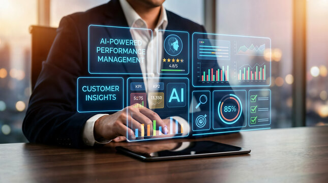ai hr analytics and KPI performance management concept, employee evaluation dashboard, employee evaluation scoring system, data analytics to improve workforce strategy and decision making