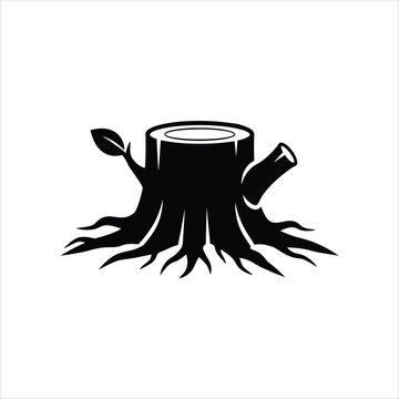 Tree stump with roots and a leaf growing in a simple graphic style Isolated on white background