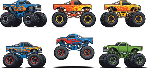 Monster Truck Collection with Big Wheels and Off Road Pickup Designs Colorful Extreme Vehicles Set for Racing Games, Automotive Illustration, and Adventure Vector Graphics © Rashidul