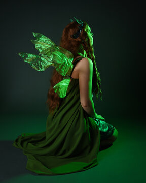 portrait of female model wearing fantasy fairy costume, green dress, cloak, butterfly wings and crown. full length sitting pose, kneeling on floor, dark studio background.