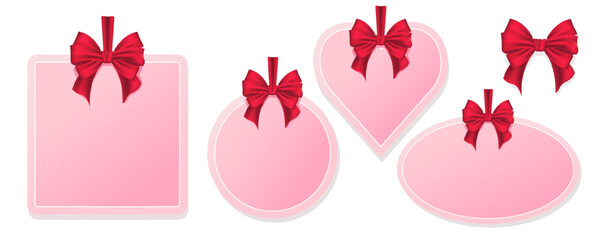 Set of pink empty banners with red bows, square, circle, heart and oval shapes for greeting cards. © Tetiana Kubara
