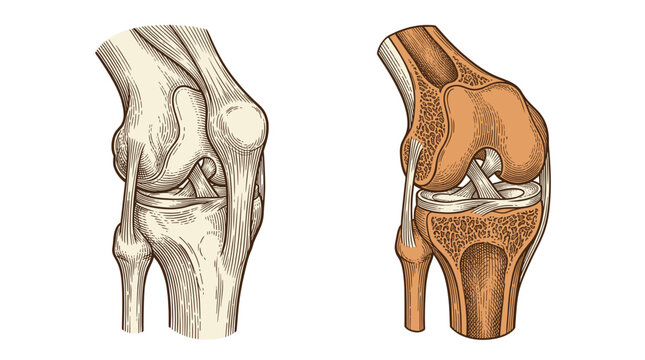 Anatomical illustration of the human knee joint, showing both external bone structure and internal ligaments and cartilage.