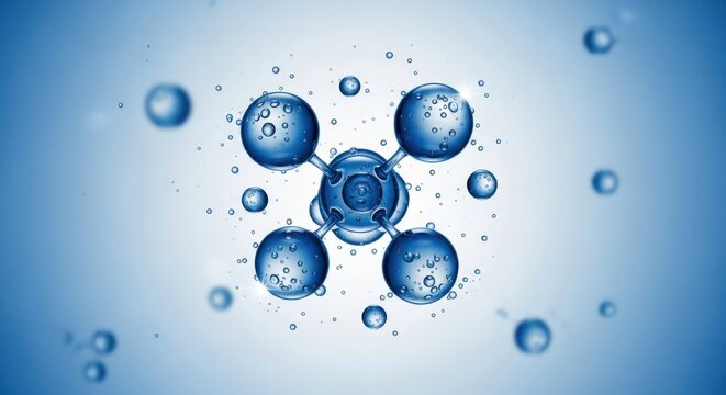 Blue molecular structure with water bubbles on a gradient background