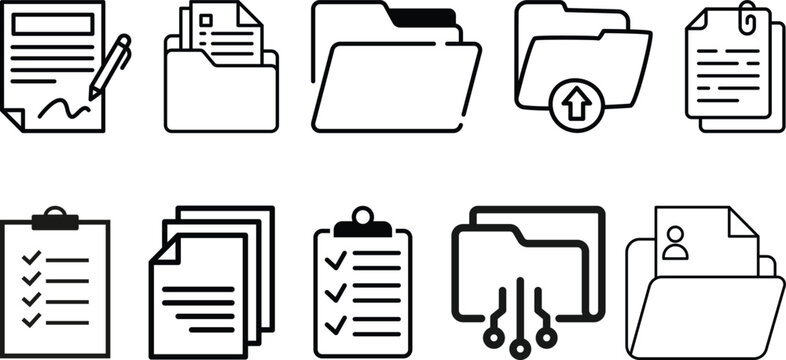 Document vector icon isolated vector graphic. Paper document page icon vector element. Agreement file symbol.Set of folders vector icons. Black linear open folder. Folder for storage document and file