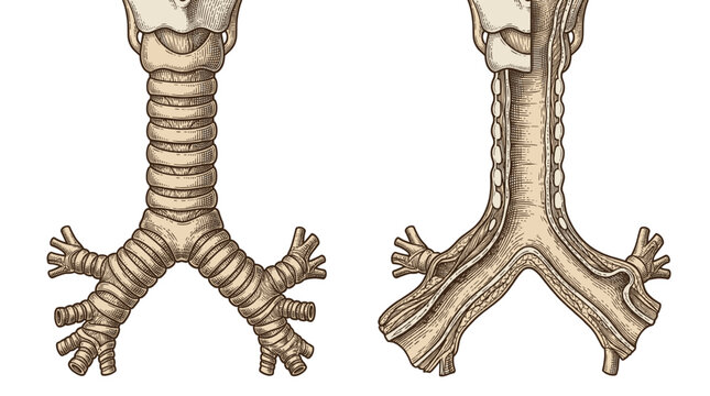 Anatomical illustration showing the human trachea and bronchi, with a focus on their branching structure.