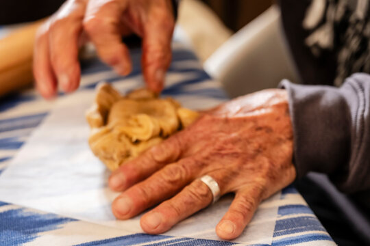 kneading sourdough for typical Mallorcan sailor biscuits, Manacor, Mallorca, Balearic Islands, Spain