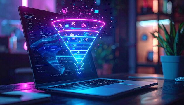 Vibrant neon sales funnel hologram emerging from a laptop screen. Illustrates digital conversion, lead generation, and data analytics. Ideal for modern marketing and business growth themes.