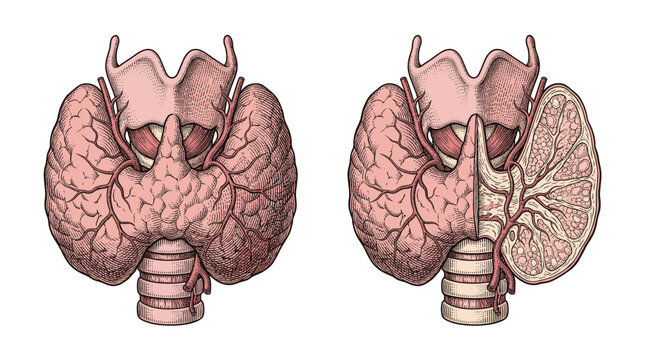 Anatomical illustration comparing a healthy thyroid gland with a goiter-affected thyroid gland, showing the larynx and trachea.