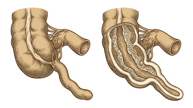 Anatomical illustration showing a cross-section of the small intestine with its characteristic folds and villi, alongside an external view of the organ.