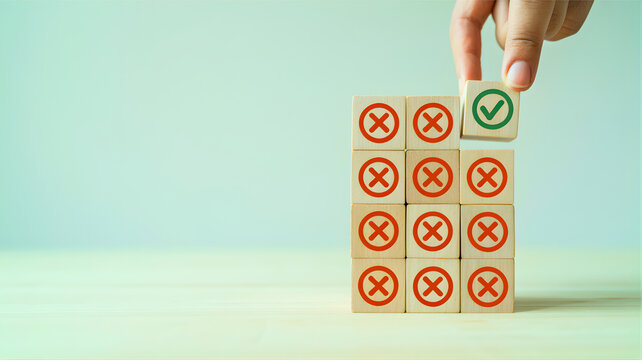 Choosing the Right Option Hand Placing a Checkmark on Wooden Blocks Representing Success Over Failure