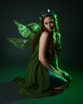 portrait of female model wearing fantasy fairy costume, green dress, cloak, butterfly wings and crown. full length sitting pose, kneeling on floor, dark studio background.
