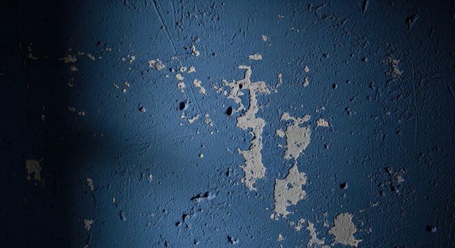A close-up view of a weathered blue wall with peeling paint and visible texture