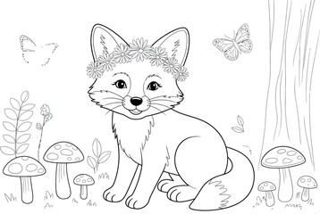 Obraz premium Cute cartoon fox with flower crown in forest with mushrooms and butterflies on transparent background.