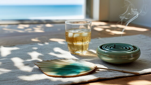 A hand fan, mosquito repellent, and a cup of cold beverage filled with ice on a sunlit indoor hemp cloth. Concept of Oriental Summer Atmosphere.