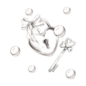 Romantic symbols set with heart shaped lock and key tied with satin ribbon bow, glass ball marbles hand drawn in pencil. Wedding cards, proposal announcements, relationship milestone journaling kits