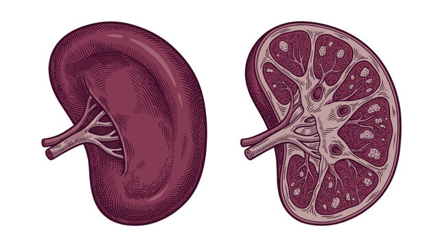 An illustration showing a whole kidney and a cross-section revealing its internal structure, including the renal cortex and medulla.