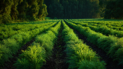 Naklejka premium lush green dill field in rows at sunset organic farming agriculture and fresh herb cultivation concept