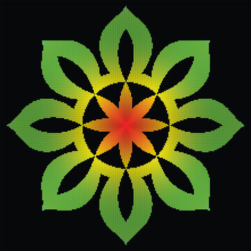 Abstract neon flower mandala with leaf shaped halftone dot texture, vibrant symmetrical floral geometry.