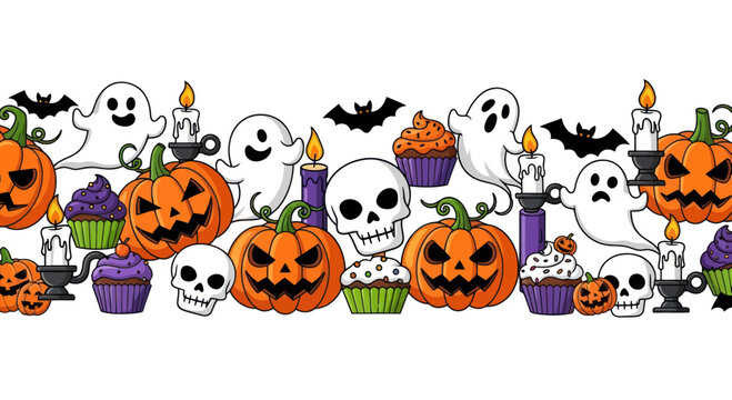 Halloween Border: Pumpkins, Ghosts, Skulls, Bats, and Cupcakes on White
