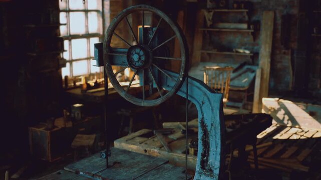 Antique wheel set against wooden bench and shelves, warm window light outlines metal rim and textured wood, scene combines mechanical elements with handcrafted