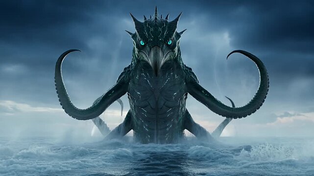 Epic Sea Monster Emerges from Ocean Waves Amidst Lightning Storm