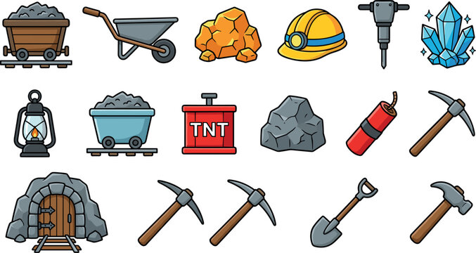 A comprehensive collection of cartoon mining icons featuring gold nuggets, crystals, mine carts, safety helmets, tools, and explosives isolated on a clean white background.