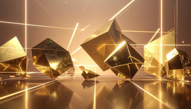 Abstract futuristic 3D render featuring golden polyhedrons and glowing laser grids. Ideal for technology, cryptocurrency, and luxury branding projects seeking a highend, digital aesthetic.