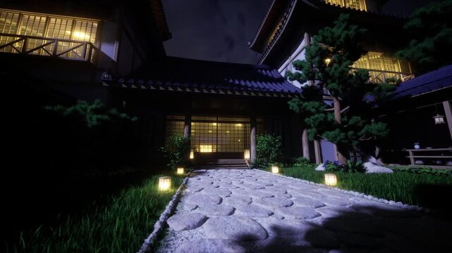 Warm entrance glow inviting guests inside, open doorway light spilling onto stone, lanterns guiding path, hospitable evening mood ideal for arrival shots