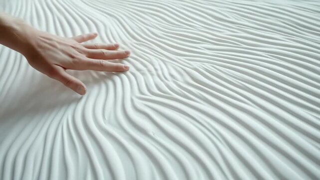 A person's hand gently presses into a white, wavy textured surface, highlighting its soft and elastic quality.