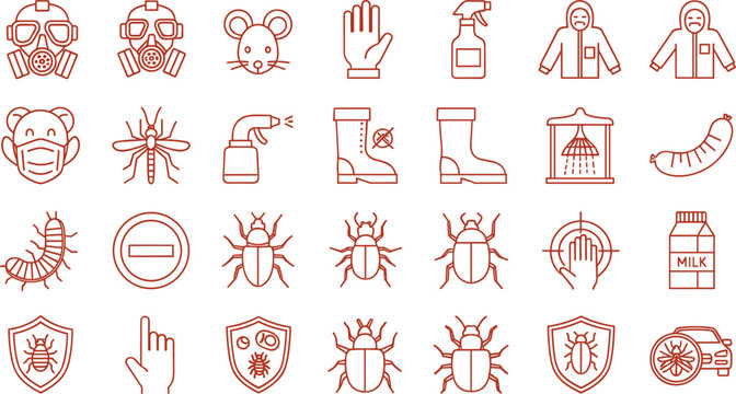 Red outline pest control icon set featuring gas mask, spider, beetle, shield, spray, protective suit and exterminator symbols