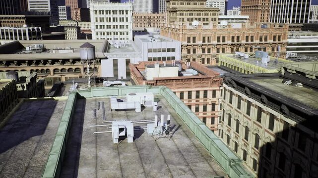 Drone perspective over rooftop machinery, vents and service units, aerial inspection vibe with technical sensors and panoramic urban layout for survey use