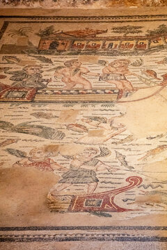 Figurative and geometric mosaic symbolizing the four seasons, Roman Villa of Casale, Piazza Armerina, Sicily, Italy, Europe