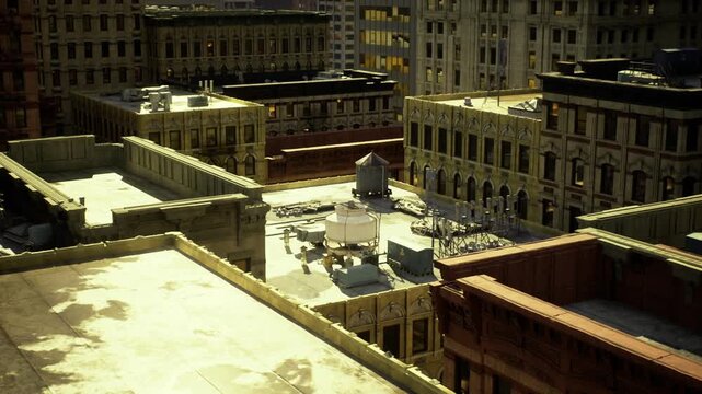 Detailed rooftop equipment and surfaces under soft light, vents, conduits and rooftop units visible against classical facades, perfect for architectural