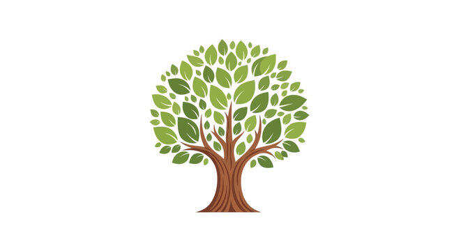 A stylized illustration of a tree with a brown trunk and a leafy green crown against a white background