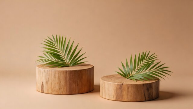 Wooden pedestals with green leaves