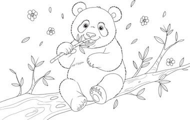 Fototapeta premium Cute panda eating bamboo while sitting on tree branch line art illustration on transparent background.