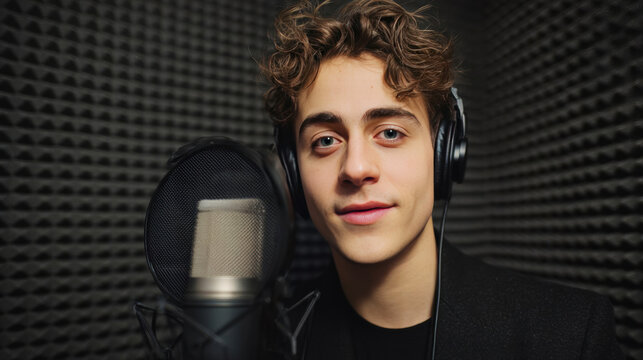 Young male vocalist with curly hair wearing headphones stands in a soundproof recording studio near a microphone, showcasing a professional audio environment