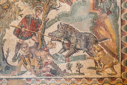 hunting and harassment of a dangerous wild boar, Roman Villa of Casale, Piazza Armerina, Sicily, Italy, Europe