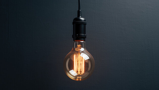 Vintage Edison light bulb glowing warm light indoors.