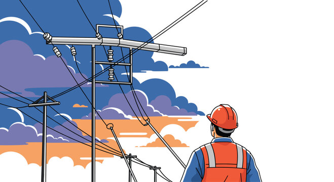 A dedicated utility worker in a hard hat looking up at complex power line structures against a moody blue and purple cloudy sky during the evening.