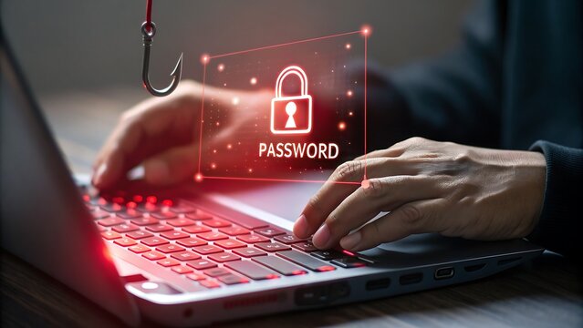 Cybersecurity concept: Person typing password on laptop with phishing hook and padlock overlay