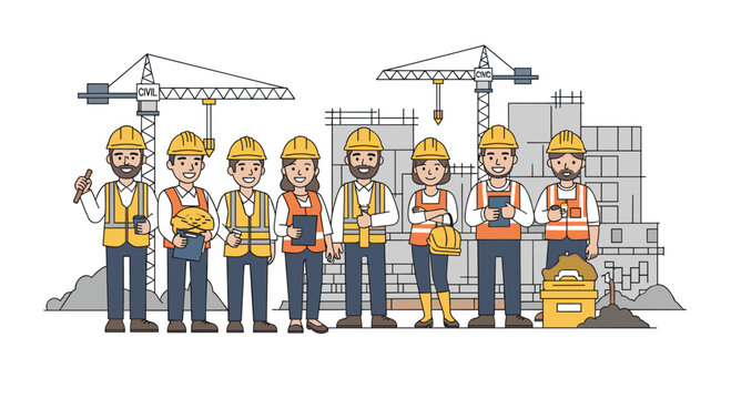 A diverse team of construction workers in safety gear standing together in front of a building site with cranes and industrial structures in the back.