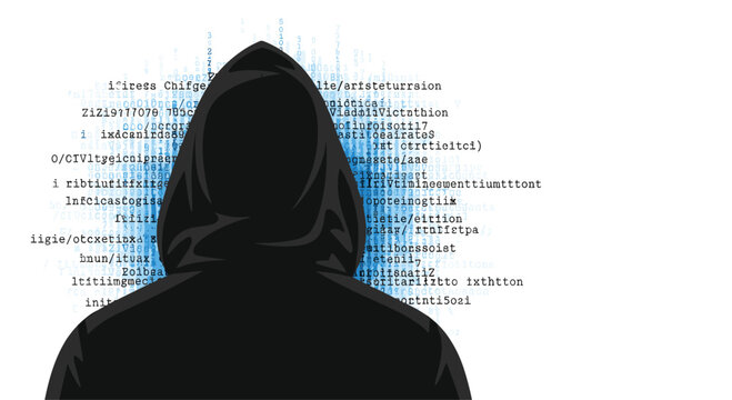 A person in a black hoodie is seen from behind with a circular pattern of blue digital code and text in the background on a white space.