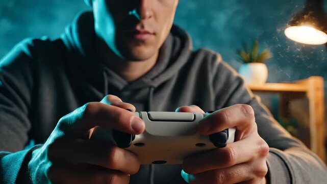 Teenager holds game controller playing video games in bedroom. Young gamer uses controller for gaming session. Teen plays with game controller at night. Gaming teenager holds controller in room.