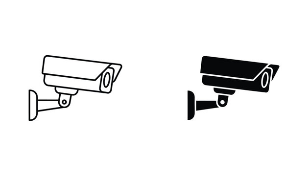 Dual style surveillance camera icons set featuring outline and solid black vector graphics for security monitoring systems and CCTV interface design elements isolated on white background