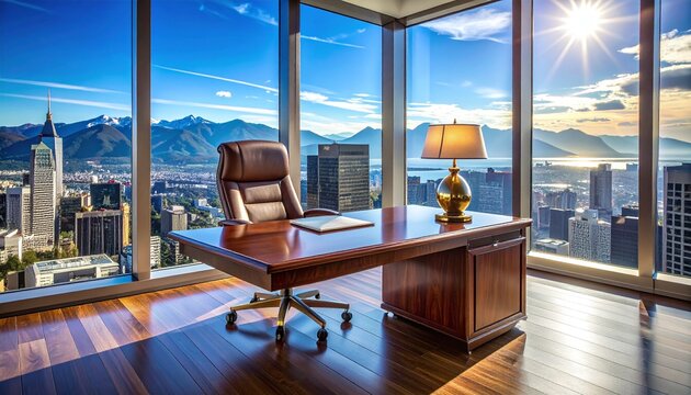 Modern executive workspace featuring a premium wood desk and leather chair. Floortoceiling windows offer a breathtaking city and mountain vista, embodying success and corporate leadership.