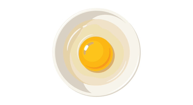 A single raw egg yolk sits perfectly centered within its clear white inside a smooth round white ceramic bowl from above.