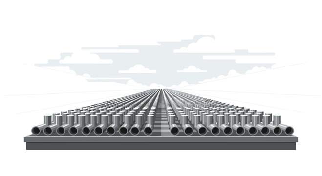 Rows of metallic industrial pipes stretch toward a distant horizon under a stylized grey sky featuring soft layered cloud formations in perspective.