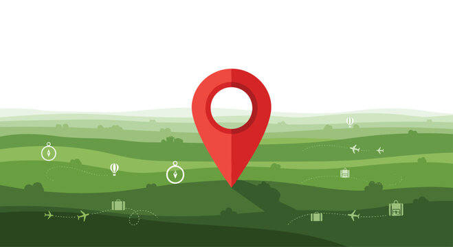 A large red map pin stands on a landscape of rolling green hills while icons of airplanes, suitcases, and compasses float in the air to show travel.