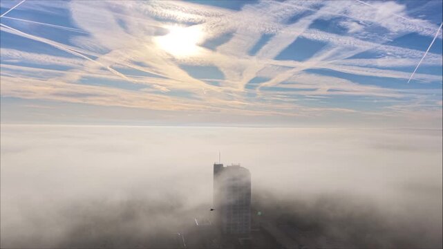 Drone Flight Over Foggy Basingstoke at Sunrise, UK